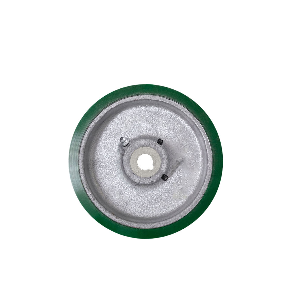 4" x 1.5" Green Polyurethane Tread on Cast Iron Keyed Drive Wheel - 16mm Plain Bore with two 1/4" Set Screws  -  Service Caster Brand — photo 1