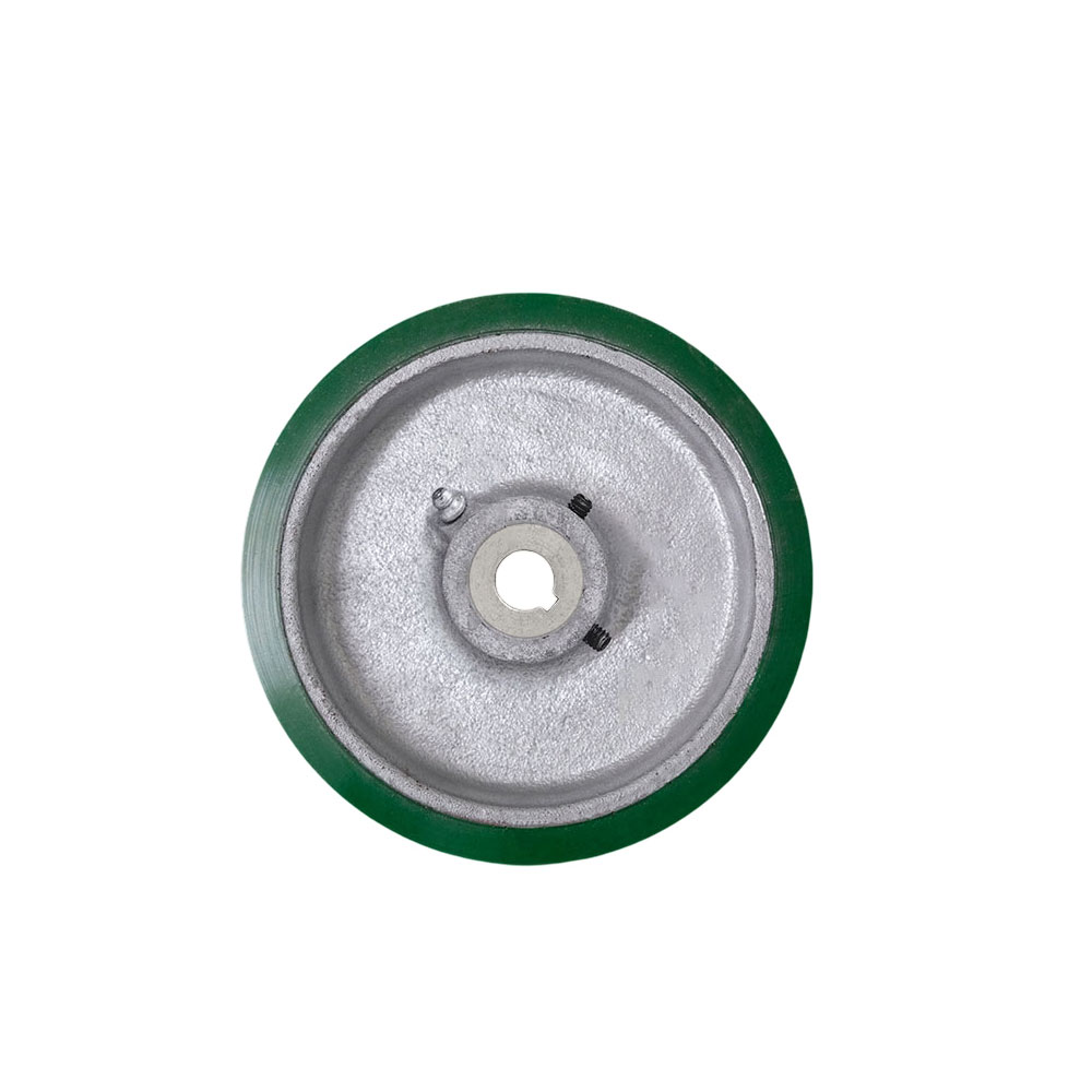 5" x 2" Green Polyurethane Tread on Cast Iron Keyed Drive Wheel - 1/2" Plain Bore with two 1/4" Set Screws  -  Service Caster Brand — photo 1