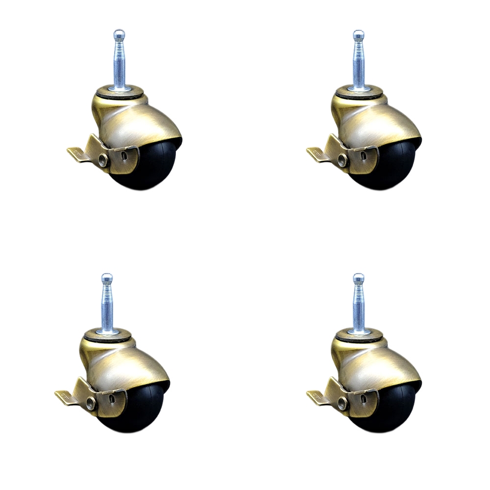 2 Inch Swivel Ball Caster Wheels for Furniture – Windsor Antique Brass Hooded Stem Casters with 5/16 Grip Neck Stem and Brake - 300 lbs. Total Capacity-Sockets Included-Set of 4 - Service Caster Brand — photo 1