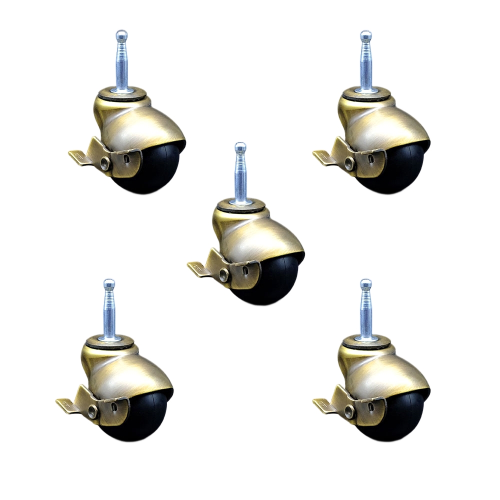 2 Inch Swivel Ball Caster Wheels for Furniture – Windsor Antique Brass Hooded Stem Casters with 5/16 Grip Neck Stem and Brake - 375 lbs. Total Capacity-Sockets Included-Set of 5 - Service Caster Brand — photo 1