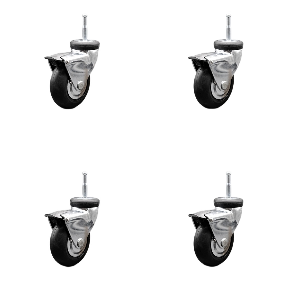 3 Inch Swivel Caster Wheels for Furniture - Bright Chrome Hooded Neoprene Rubber Wheel with 5/16 Grip Neck Stem and Brake -Wood Sockets Included-440 lbs. Total Capacity-Set of 4 - Service Caster Brand — photo 1