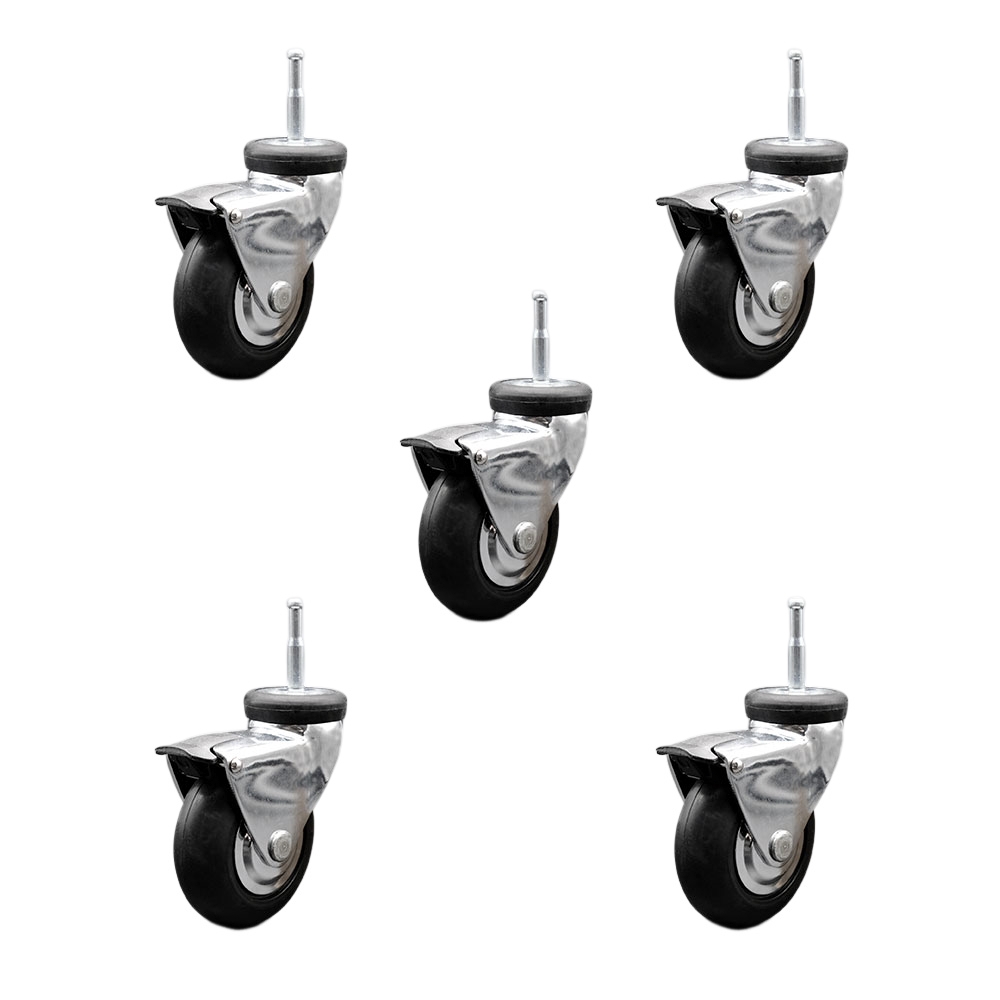 3 Inch Swivel Caster Wheels for Furniture-Bright Chrome Hooded Neoprene Rubber Wheel with 5/16 Inch Grip Ring Stem and Brake-Wood Sockets Included-550 lbs. Total Capacity-Set of 5-Service Caster Brand — photo 1