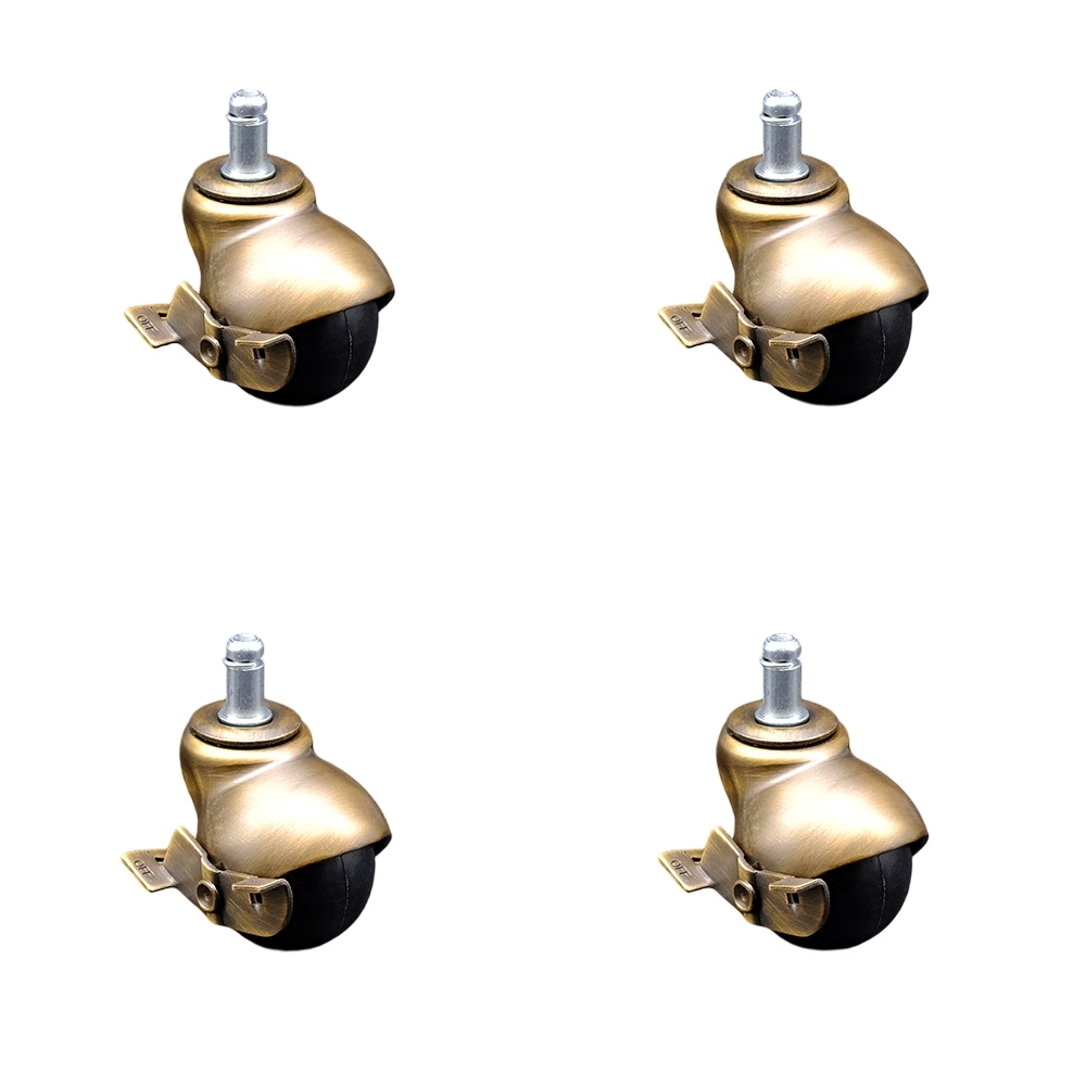 2 Inch Swivel Ball Caster Wheels for Furniture - Windsor Antique Brass Hooded Stem Casters with 7/16 Grip Ring Stem and Brake - 300 lbs. Total Capacity - Set of 4 - Service Caster Brand — photo 1
