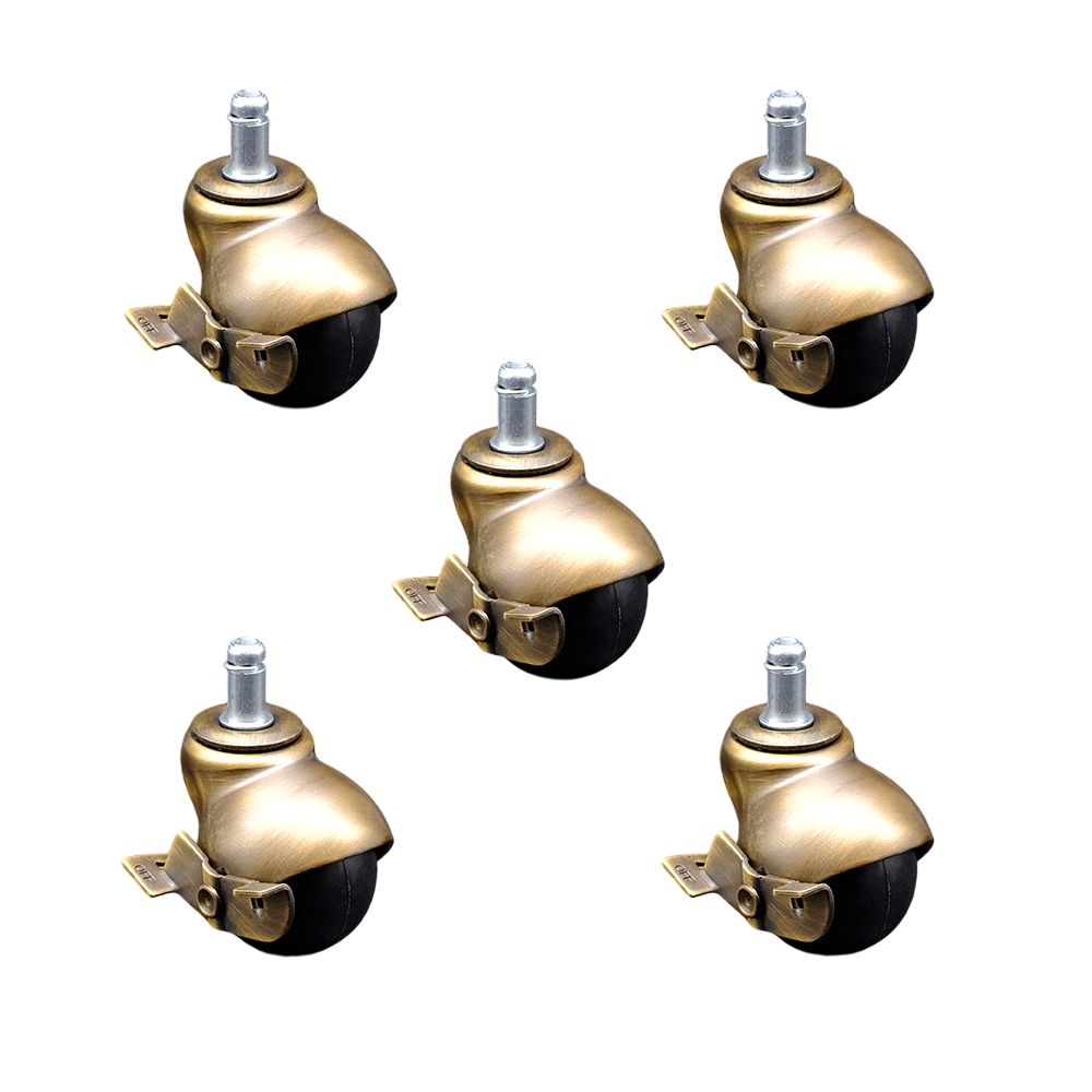 2 Inch Swivel Ball Caster Wheels for Furniture - Windsor Antique Brass Hooded Stem Casters with 7/16 Grip Ring Stem and Brake - 375 lbs. Total Capacity - Set of 5 - Service Caster Brand — photo 1