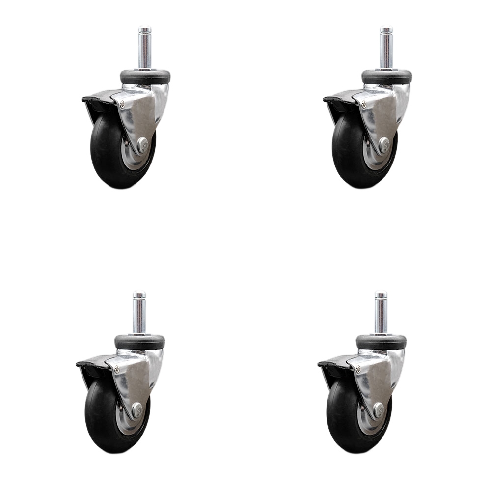 3 Inch Swivel Caster Wheels for Furniture - Bright Chrome Hooded Neoprene Rubber Wheel with 7/16 Inch by 1-3/8 Inch Grip Ring Stem and Brake - 440 lbs. Total Capacity - Set of 4 - Service Caster Brand — photo 1
