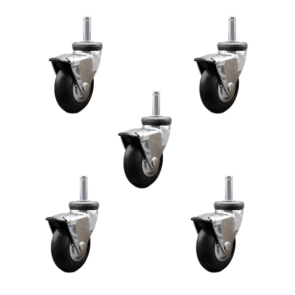 3 Inch Swivel Caster Wheels for Furniture - Bright Chrome Hooded Neoprene Rubber Wheel with 7/16 Inch by 1-3/8 Inch Grip Ring Stem and Brake - 550 lbs. Total Capacity - Set of 5 - Service Caster Brand — photo 1