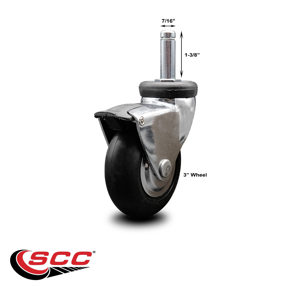 3 Inch Swivel Caster Wheels for Furniture - Bright Chrome Hooded Neoprene Rubber Wheel with 7/16 Inch by 1-3/8 Inch Grip Ring Stem and Brake - 110 lbs. Per Caster - Service Caster Brand — photo 1