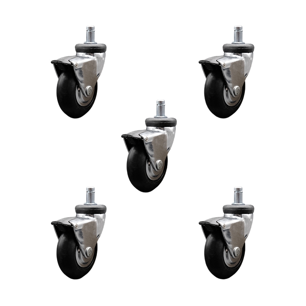 3 Inch Swivel Caster Wheels for Furniture - Bright Chrome Hooded Neoprene Rubber Wheel with 7/16 Inch by 7/8 Inch Grip Ring Stem and Brake - 550 lbs. Total Capacity - Set of 5 - Service Caster Brand — photo 1