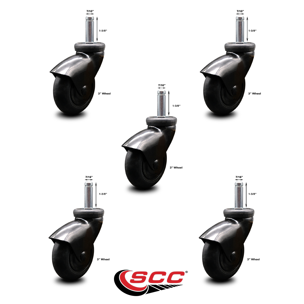 SCC Black Hooded 3” Swivel Neoprene Rubber Casters & 7/16 Grip Ring