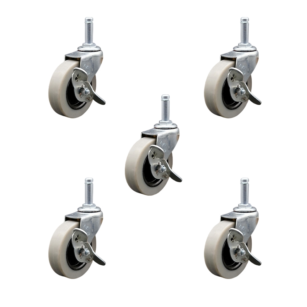 3 Inch Swivel Thermoplastic Rubber Caster Wheels and 7/16 Inch by 1-3/8 Inch Grip Ring Stem Caster and Brake - 550 lbs. Total Capacity - Set of 5 - Service Caster Brand — photo 1