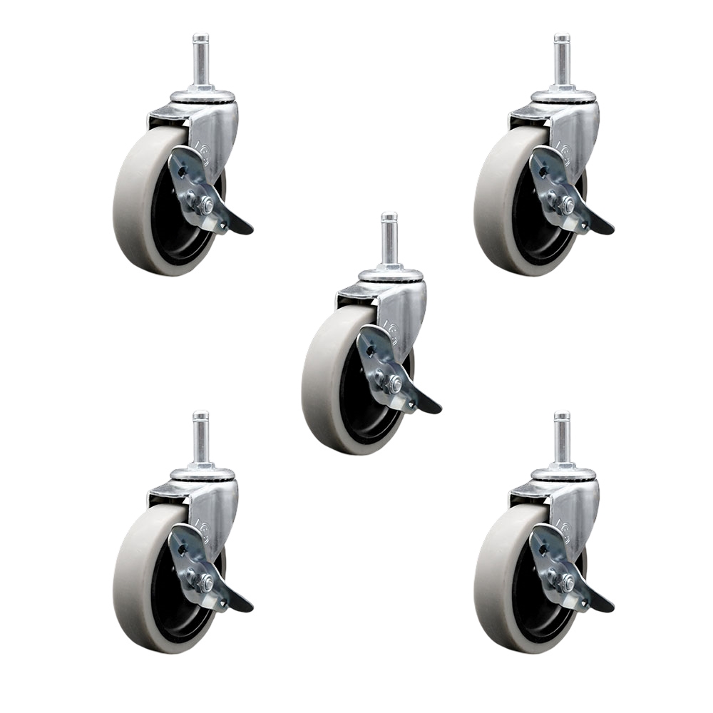 4 Inch Swivel Thermoplastic Rubber Caster Wheels and 7/16 Inch by 1-3/8 Inch Grip Ring Stem Caster and Brake - 625 lbs. Total Capacity - Set of 5 - Service Caster Brand — photo 1