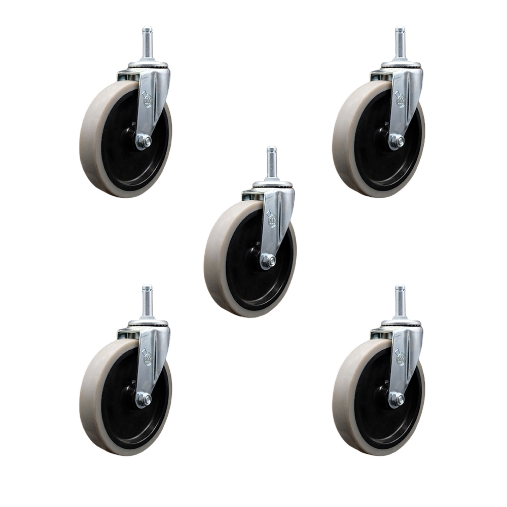 5 Inch Swivel Thermoplastic Rubber Caster Wheels and 7/16 Inch by 1-3/8 Inch Grip Ring Stem Caster - 650 lbs. Total Capacity - Set of 5 - Service Caster Brand — photo 1