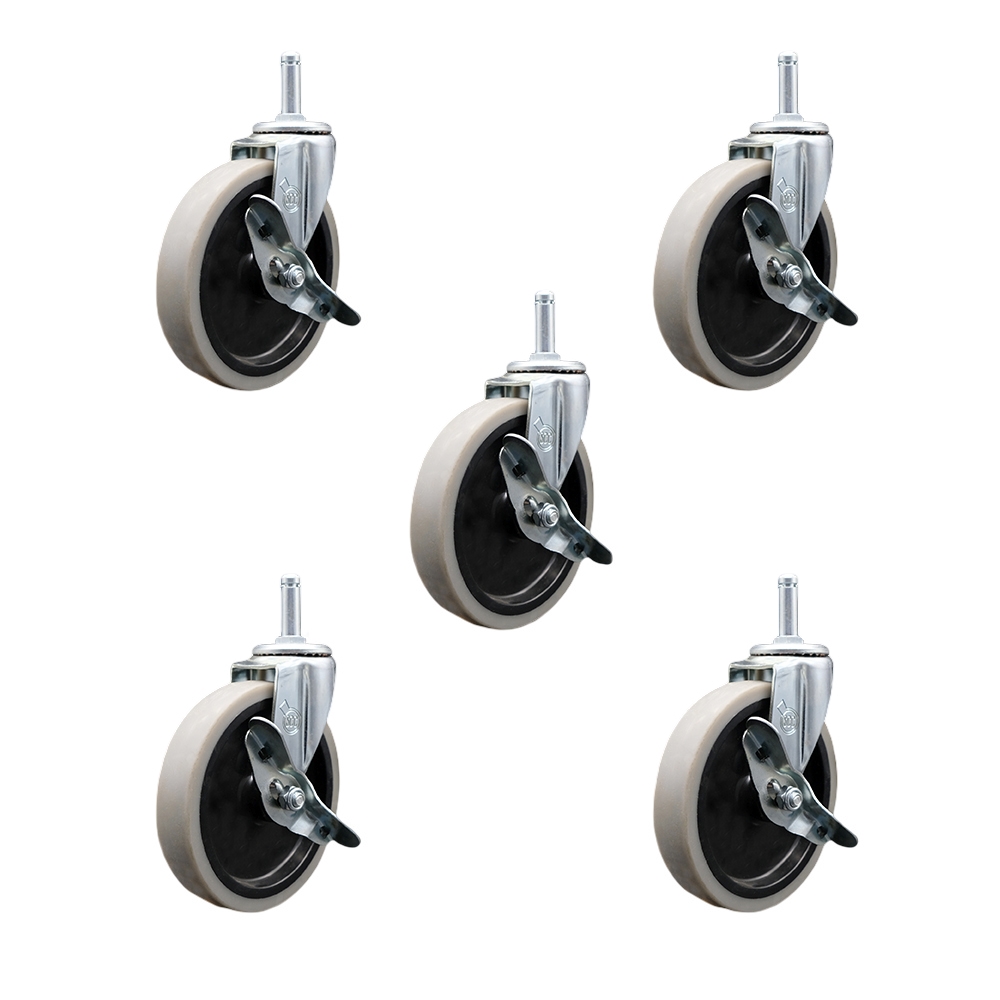 5 Inch Swivel Thermoplastic Rubber Caster Wheels and 7/16 Inch by 1-3/8 Inch Grip Ring Stem Caster and Brake - 650 lbs. Total Capacity - Set of 5 - Service Caster Brand — photo 1