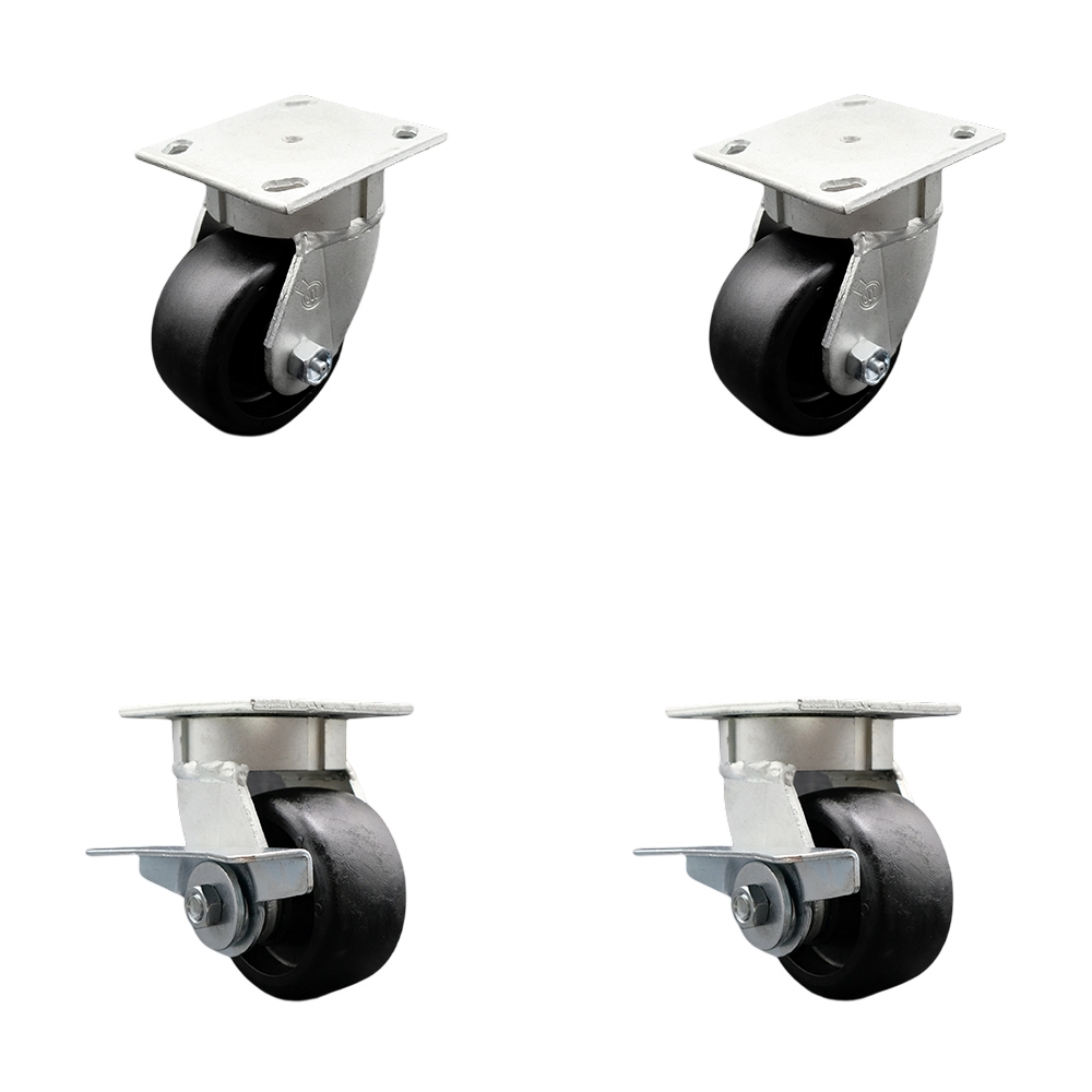 Kingpinless Glass Filled Nylon Swivel Top Plate Caster Set of 4 w/4" x 2" Black Wheels - Includes 2 Swivel with Brakes & 2 Swivel - 4800 lbs Total Capacity - Service Caster Brand — photo 1
