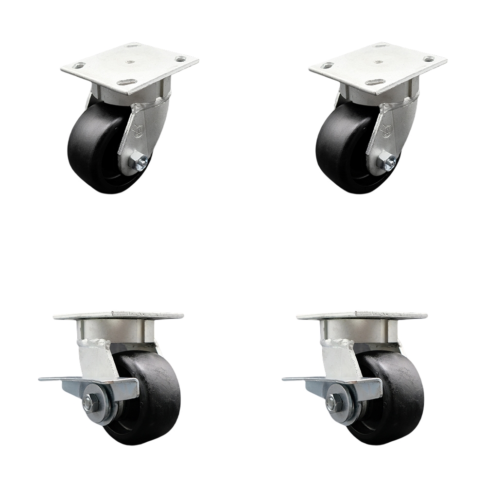 Kingpinless Glass Filled Nylon Swivel Top Plate Caster Set of 4 w/4" x 2" Black Wheels - Includes 2 Swivel with Bolt on Swivel Locks&2 Swivel with Brakes-4800 lbs Total Capacity - Service Caster Brand — photo 1