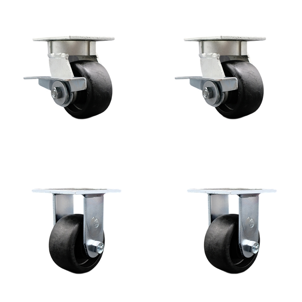 Kingpinless Glass Filled Nylon Swivel Top Plate Caster Set of 4 w/4" x 2" Black Wheels - Includes 2 Swivel with Brakes & 2 Rigid - 4800 lbs Total Capacity - Service Caster Brand — photo 1