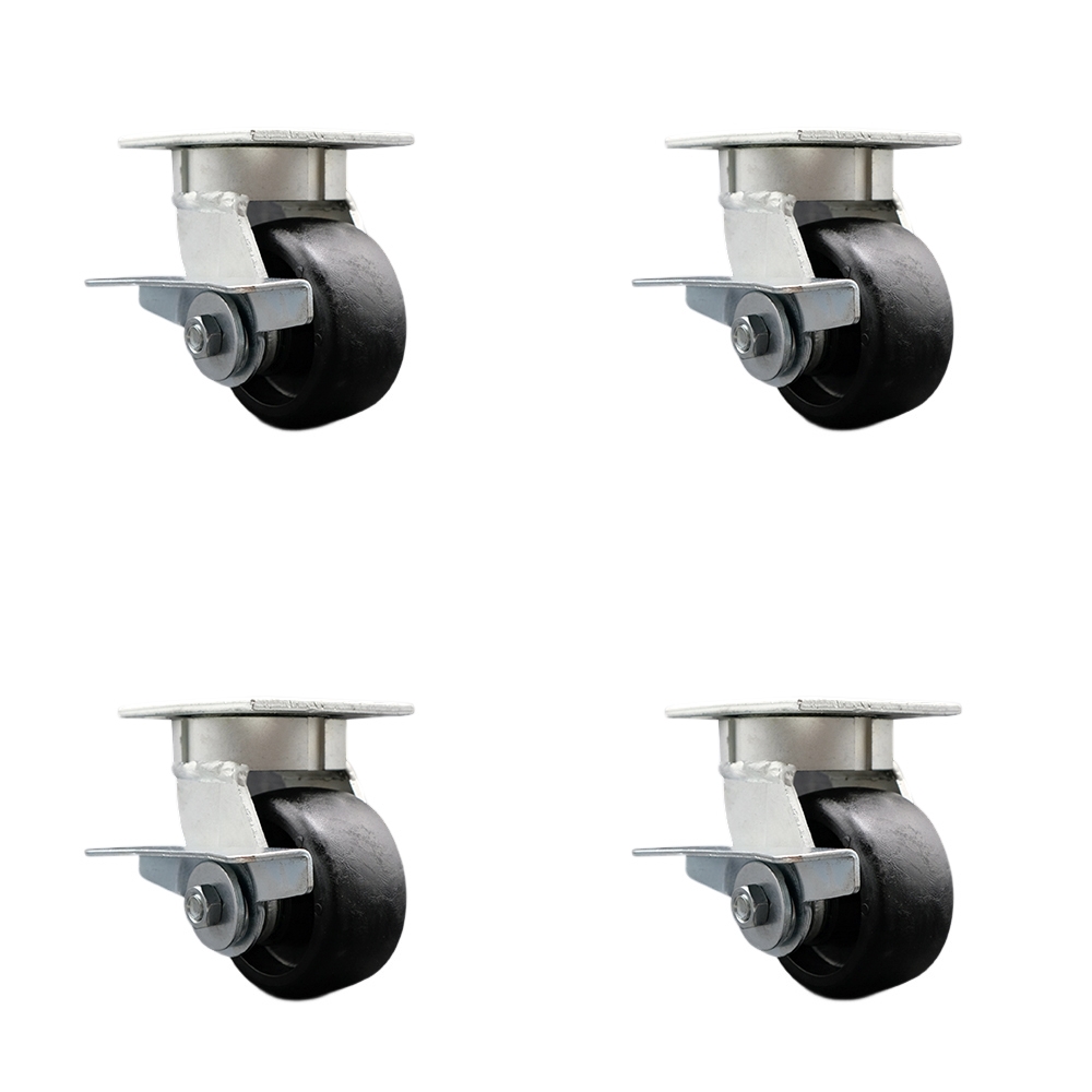 Kingpinless Glass Filled Nylon Swivel Top Plate Caster Set of 4 w/4" x 2" Black Wheels - Includes 4 Swivel w/Side Lck Brakes - 4800 lbs Total Capacity - Service Caster Brand — photo 1