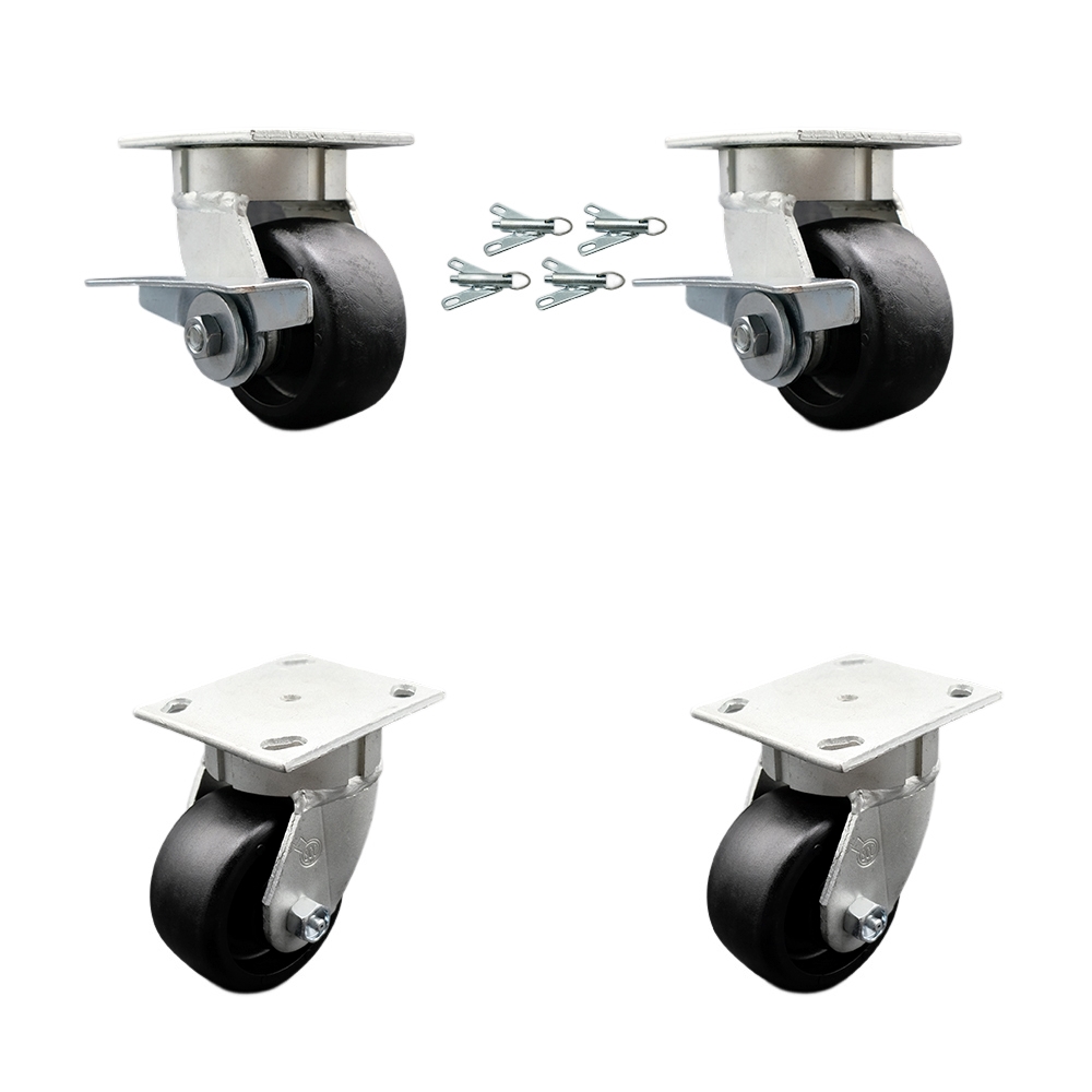 Kingpinless Glass Filled Nylon Swivel Top Plate Caster Set 4 w/4" x 2" Black Wheels-Includes 2 Swvl w/Brakes and Bolt on Swvl Lcks& 2 Swvl w/Bolt on Swvl Lcks-4800 lbs Total Cpty- Service Caster Brand — photo 1