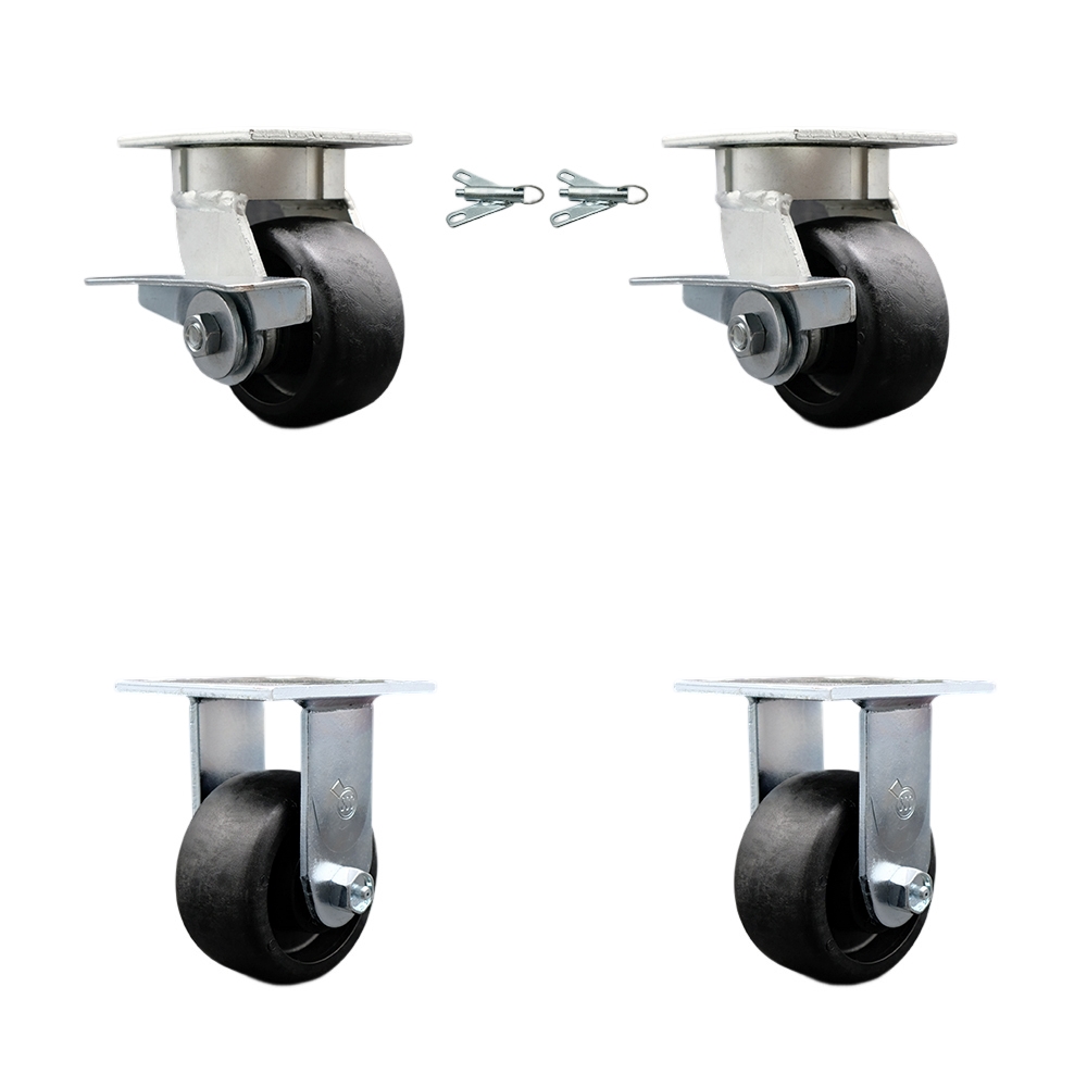 Kingpinless Glass Filled Nylon Swivel Top Plate Caster Set of 4 w/4" x 2" Black Wheels - Includes 2 Swivel with Brakes and Bolt on Swivel Locks & 2 Rigid-4800 lbs Total Capacity - Service Caster Brand — photo 1