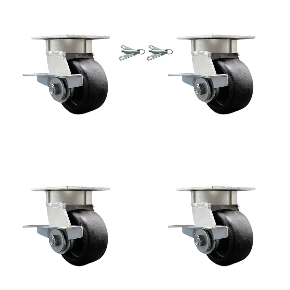 Kingpinless Glass Filled Nylon Swivel Top Plate Caster Set 4 w/4" x 2" Black Wheels-Includes 2 Swivel with Brakes and Bolt on Swivel Locks&2 Swivel with Brakes-4800 lbs Total Cpty-Service Caster Brand — photo 1
