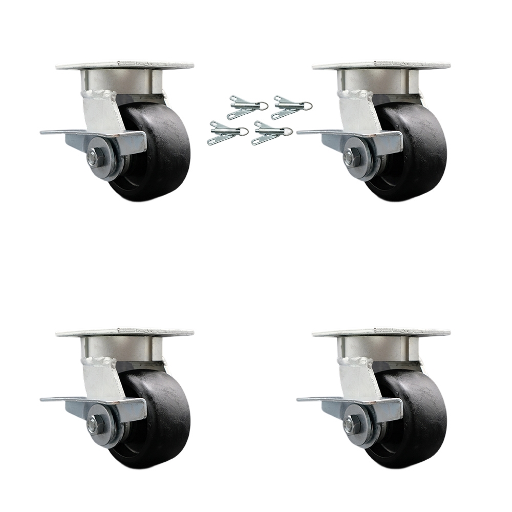 Kingpinless Glass Filled Nylon Swivel Top Plate Caster Set of 4 w/4" x 2" Black Wheels - Includes 4 Swivel w/Side Lck Brakes & Bolt on Swivel Locks - 4800 lbs Total Capacity - Service Caster Brand — photo 1