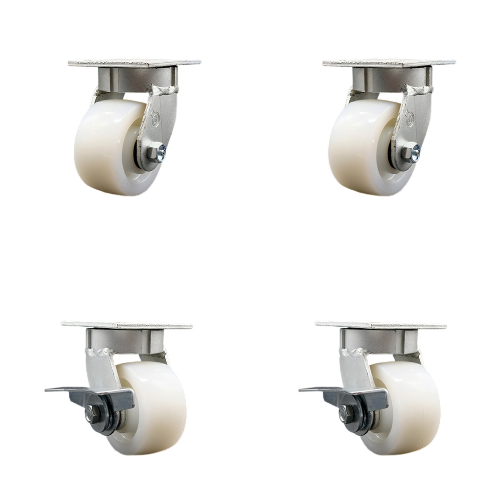 Kingpinless Nylon Swivel Top Plate Caster Set of 4 w/4" x 2" White Wheels - Includes 2 Swivel with Brakes & 2 Swivel - 3200 lbs Total Capacity - Service Caster Brand — photo 1