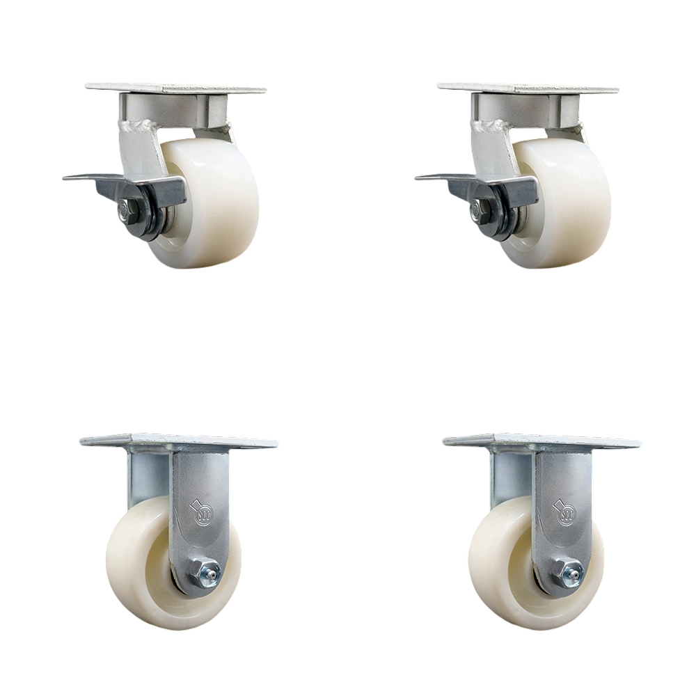 Kingpinless Nylon Swivel Top Plate Caster Set of 4 w/4" x 2" White Wheels - Includes 2 Swivel with Brakes & 2 Rigid - 3200 lbs Total Capacity - Service Caster Brand — photo 1