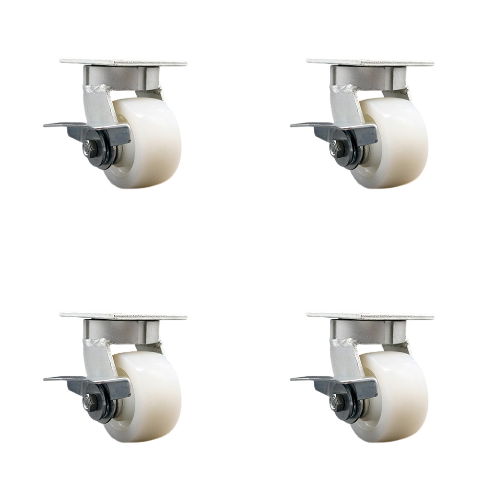 Kingpinless Nylon Swivel Top Plate Caster Set of 4 w/4" x 2" White Wheels - Includes 4 Swivel w/Side Lck Brakes - 3200 lbs Total Capacity - Service Caster Brand — photo 1