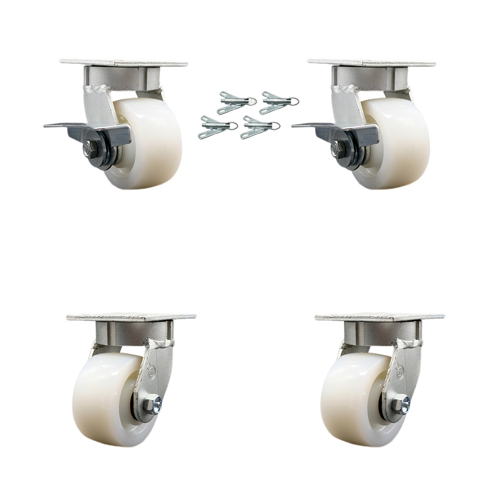 Heavy Duty Kingpinless Swivel Caster Set with 4 Inch Nylon Wheels and Ball Bearings - Includes 2 Swivel with Brakes and Bolt on Swivel Locks and 2 Swivel with Swivel Locks - Service Caster Brand — photo 1