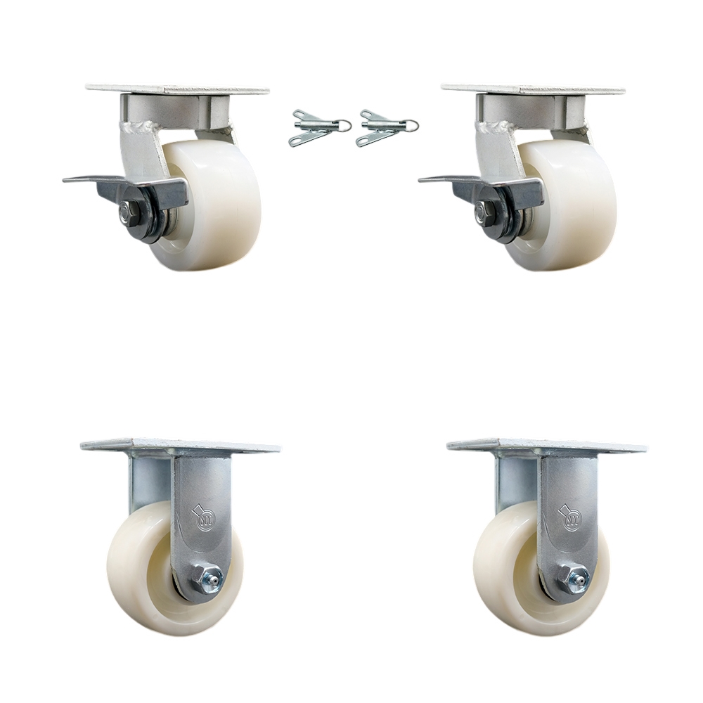 Kingpinless Nylon Swivel Top Plate Caster Set of 4 w/4" x 2" White Wheels - Includes 2 Swivel with Brakes and Bolt on Swivel Locks & 2 Rigid-3200 lbs Total Capacity - Service Caster Brand — photo 1