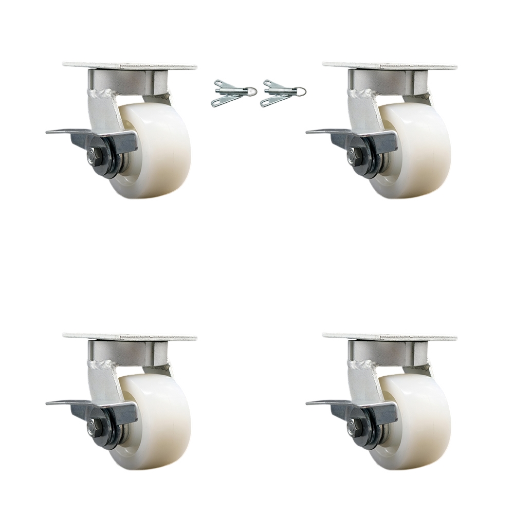 Kingpinless Nylon Swivel Top Plate Caster Set 4 w/4" x 2" White Wheels-Includes 2 Swivel with Brakes and Bolt on Swivel Locks&2 Swivel with Brakes-3200 lbs Total Cpty-Service Caster Brand — photo 1