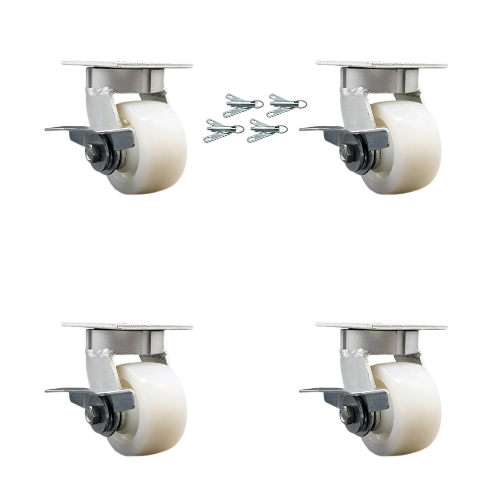Kingpinless Nylon Swivel Top Plate Caster Set of 4 w/4" x 2" White Wheels - Includes 4 Swivel w/Side Lck Brakes & Bolt on Swivel Locks - 3200 lbs Total Capacity - Service Caster Brand — photo 1