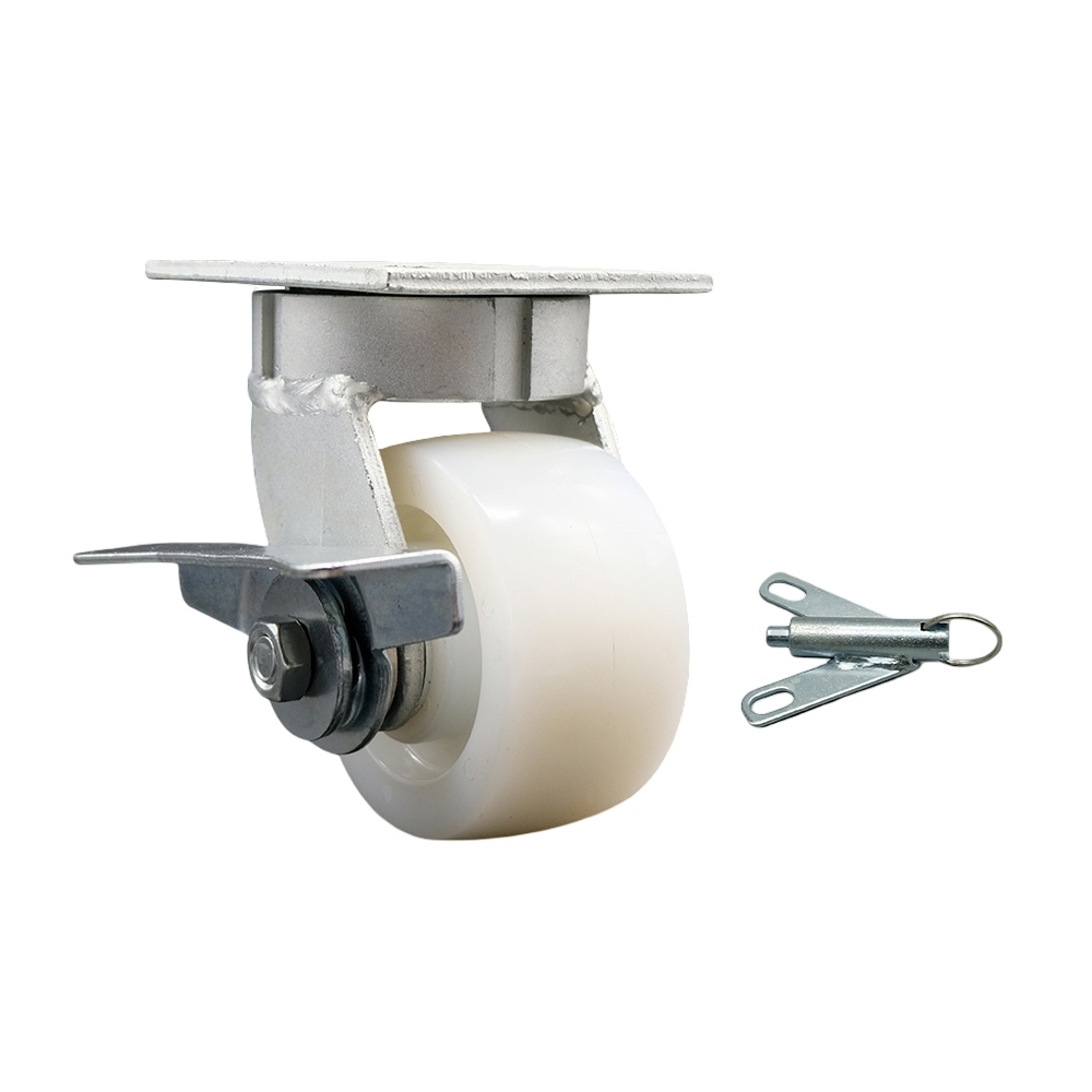 Kingpinless Nylon Swivel Top Plate Caster w/4" x 2" White Wheel & Side Lck Brake and Bolt on Swivel Lock - 800 lbs Capacity/Caster - Service Caster Brand — photo 1