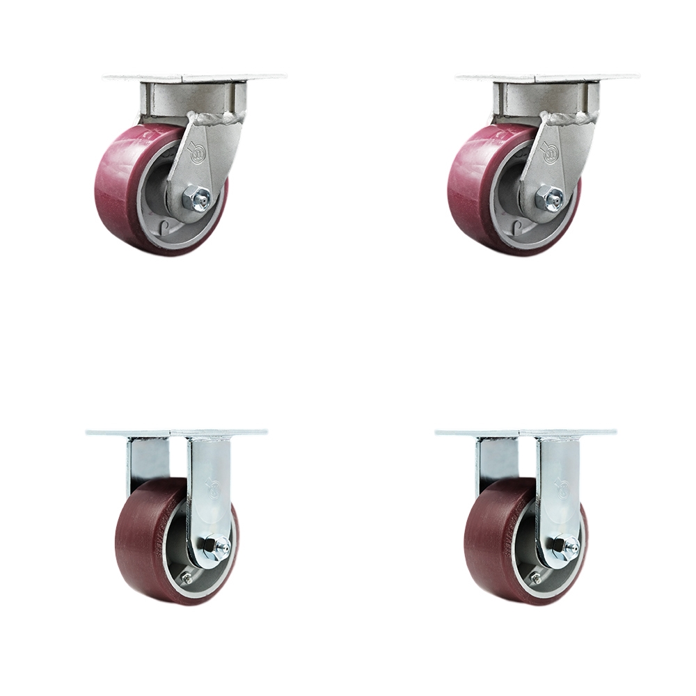 Heavy Duty Kingpinless Swivel Caster Set of 4 with 4 Inch Polyurethane on Aluminum Wheels and Ball Bearings - Includes 2 Swivel and 2 Rigid - 2,800 lbs. Total Capacity - Service Caster Brand — photo 1