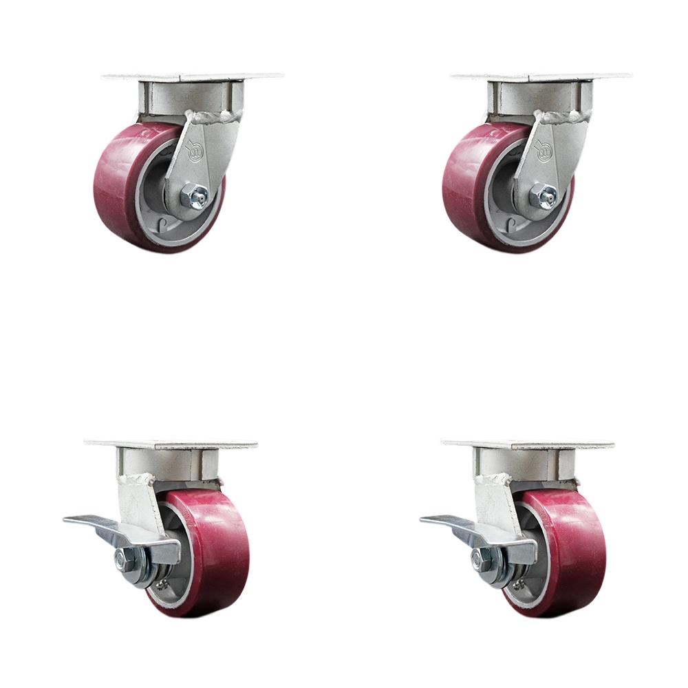 Kingpinless Polyurethane on Aluminum Swivel Top Plate Caster Set of 4 w/4" x 2" Maroon Wheels - Includes 2 Swivel with Brakes & 2 Swivel - 2800 lbs Total Capacity - Service Caster Brand — photo 1