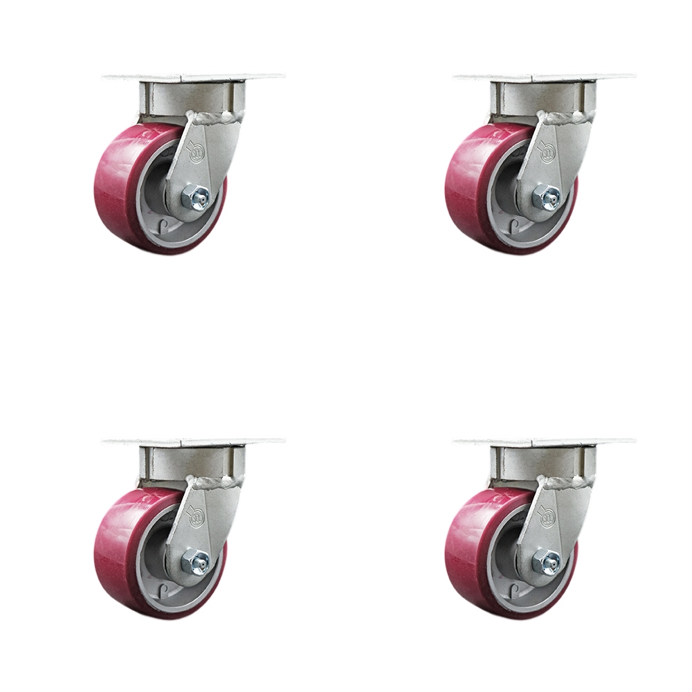 Kingpinless Polyurethane on Aluminum Swivel Top Plate Caster Set of 4 w/4" x 2" Maroon Wheels - Includes 4 Swivel - 2800 lbs Total Capacity - Service Caster Brand — photo 1