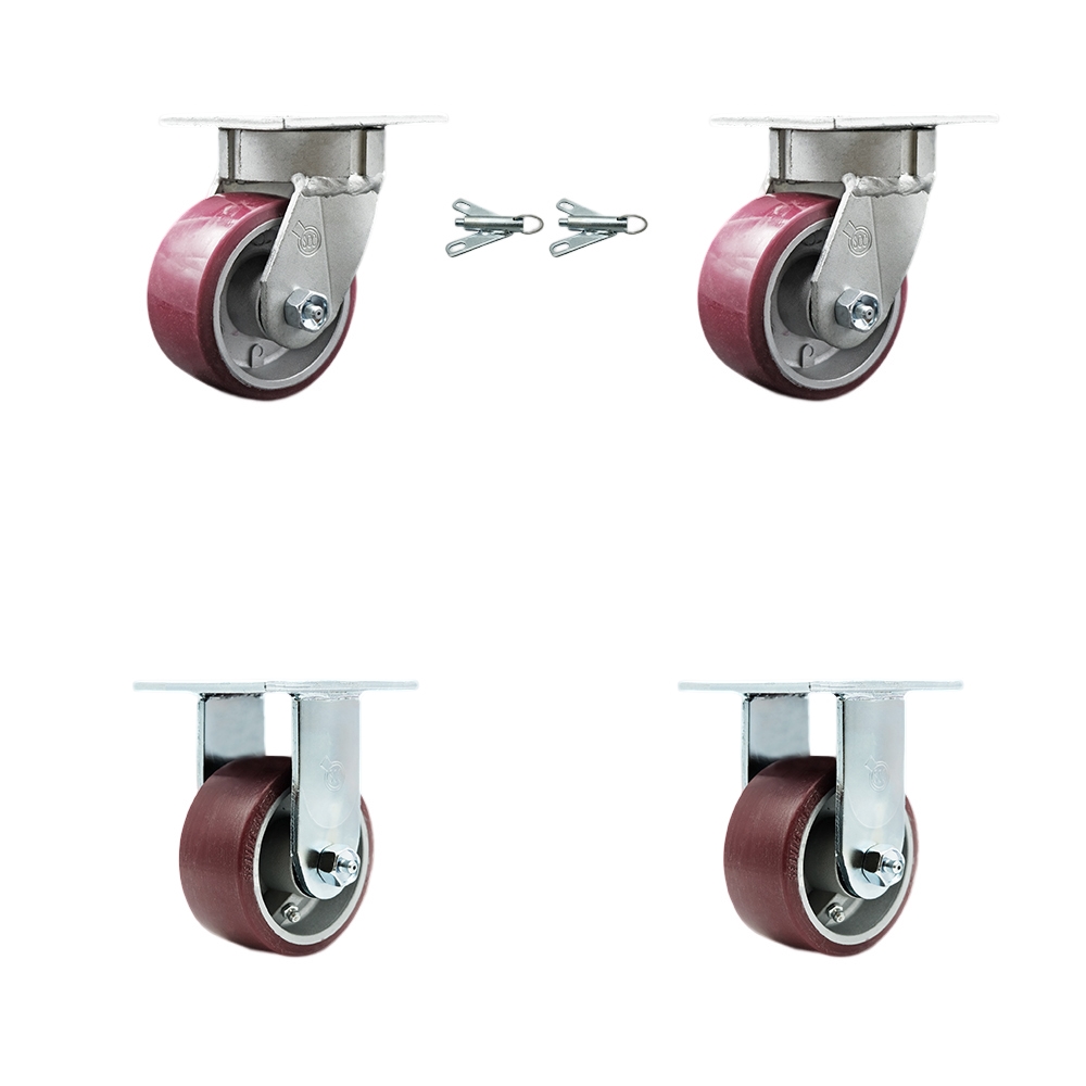 Kingpinless Polyurethane on Aluminum Swivel Top Plate Caster Set of 4 w/4" x 2" Maroon Wheels - Includes 2 Swivel with Bolt on Swivel Locks & 2 Rigid - 2800 lbs Total Capacity - Service Caster Brand — photo 1