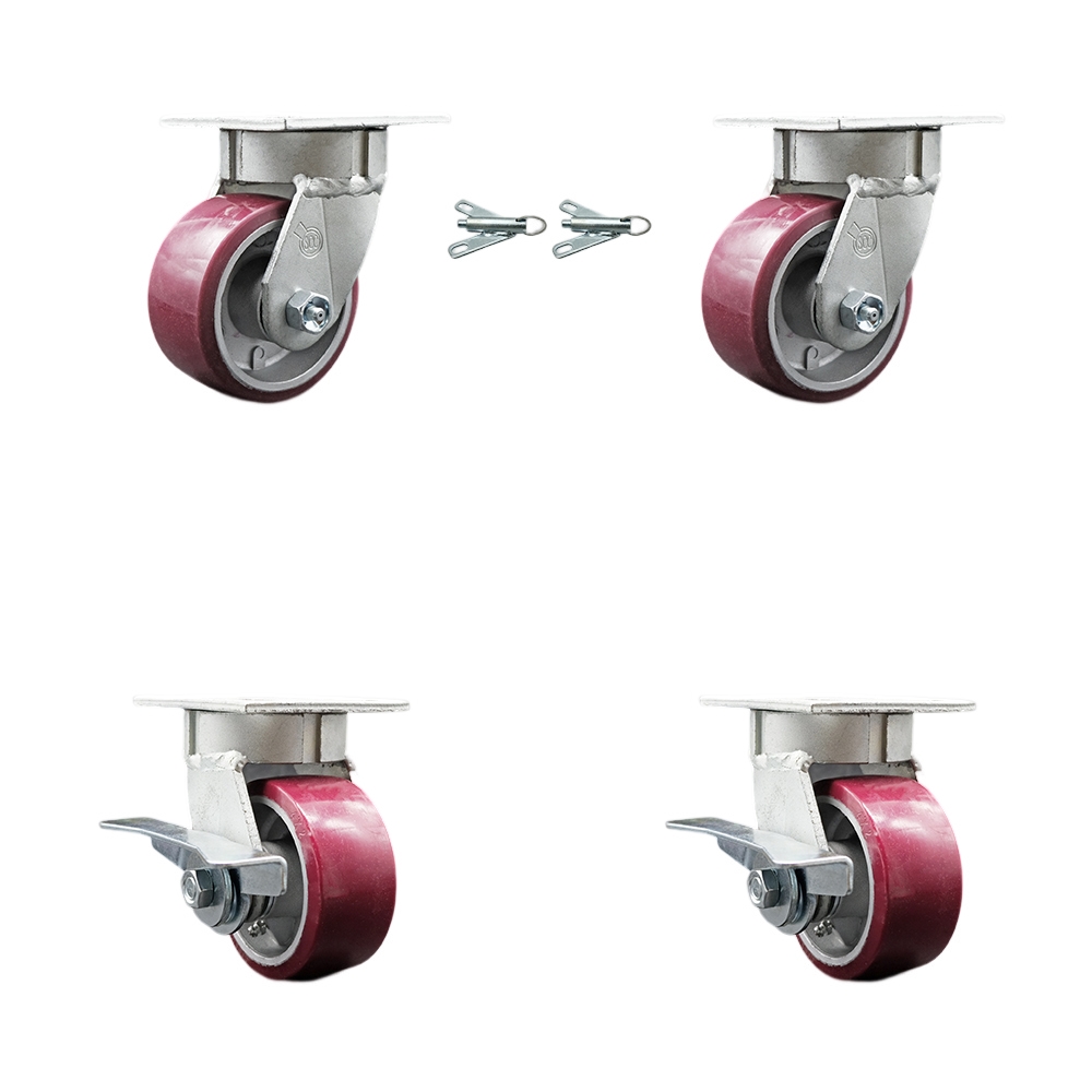 Heavy Duty Kingpinless Swivel Caster Set of 4 with 4 Inch Polyurethane on Aluminum Wheels and Ball Bearings - Includes 2 Swivel with Bolt on Swivel Locks and 2 Swivel with Brakes- Service Caster Brand — photo 1