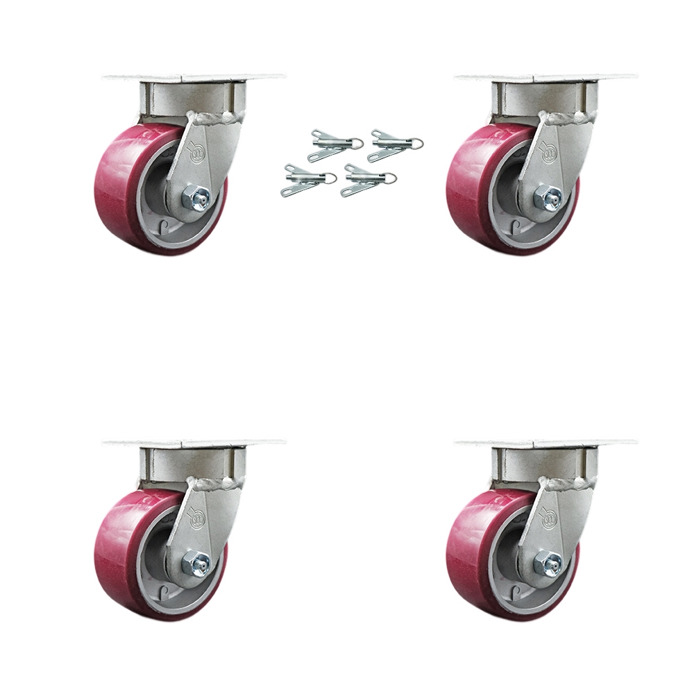 Kingpinless Polyurethane on Aluminum Swivel Top Plate Caster Set of 4 w/4" x 2" Maroon Wheels - Includes 4 Swivel w/Bolt on Swivel Locks - 2800 lbs Total Capacity - Service Caster Brand — photo 1