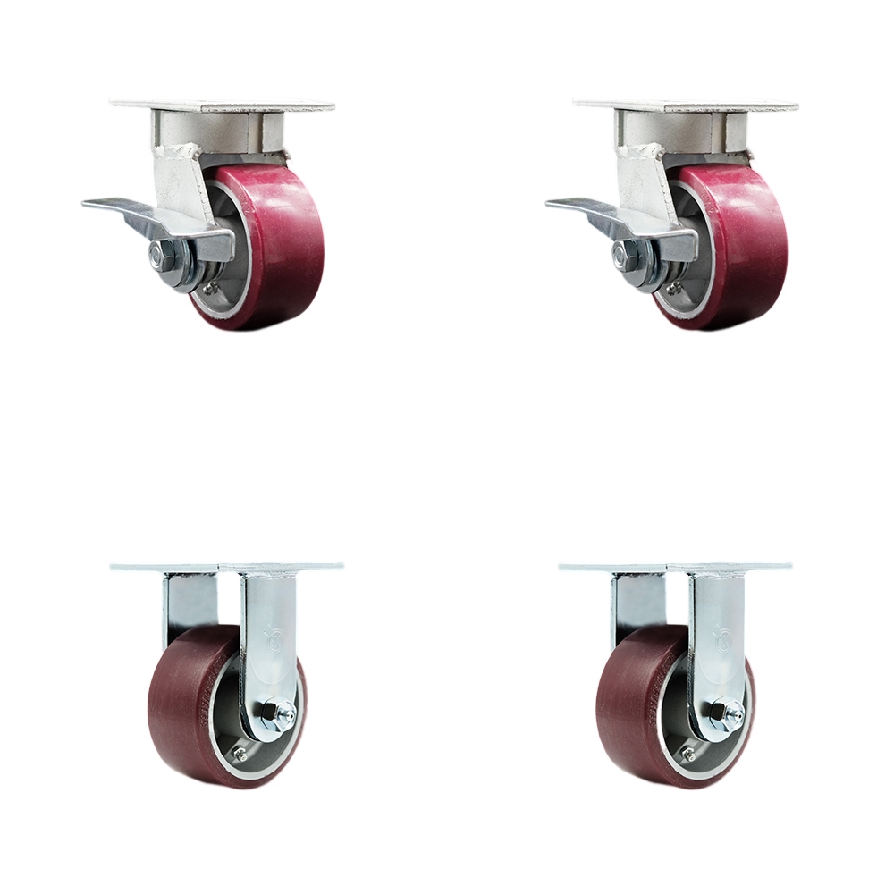 Kingpinless Polyurethane on Aluminum Swivel Top Plate Caster Set of 4 w/4" x 2" Maroon Wheels - Includes 2 Swivel with Brakes & 2 Rigid - 2800 lbs Total Capacity - Service Caster Brand — photo 1