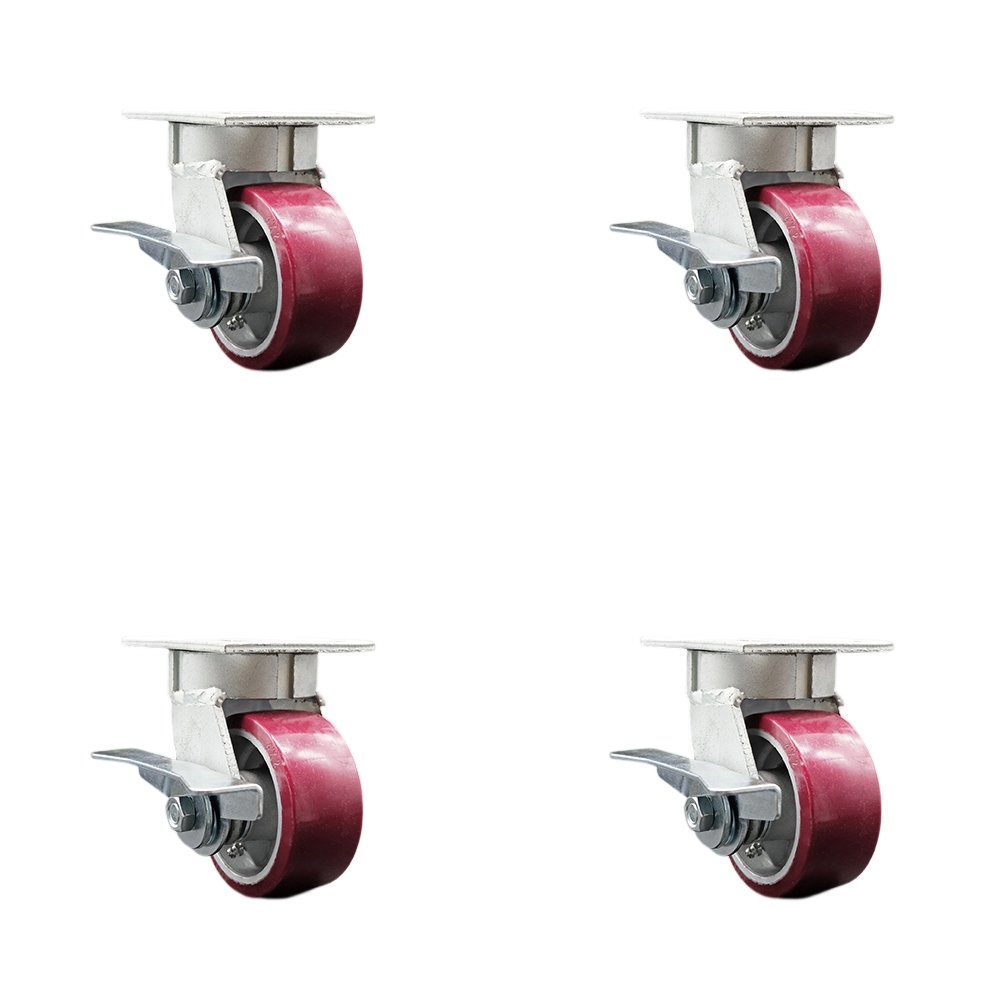 Heavy Duty Kingpinless Swivel Caster Set of 4 with 4 Inch Polyurethane on Aluminum Wheels and Ball Bearings - Includes 4 Swivel with Side Lock Brakes - 2,800 lbs. Total Capacity - Service Caster Brand — photo 1