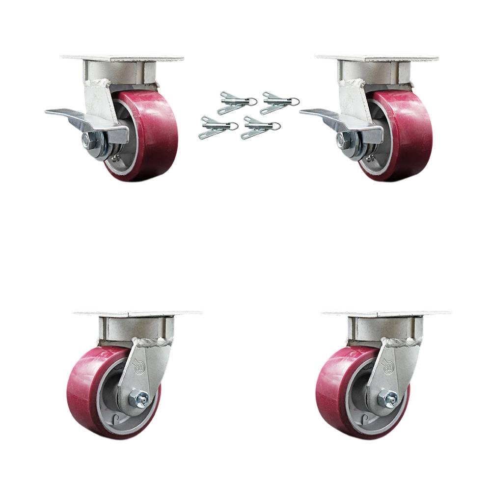 Heavy Duty Kingpinless Swivel Caster Set with 4 Inch Poly on Aluminum Wheels and Ball Bearings-Includes 2 Swivel with Brakes and Bolt on Swivel Locks and 2 Swivel with Swivel Lock-Service Caster Brand — photo 1