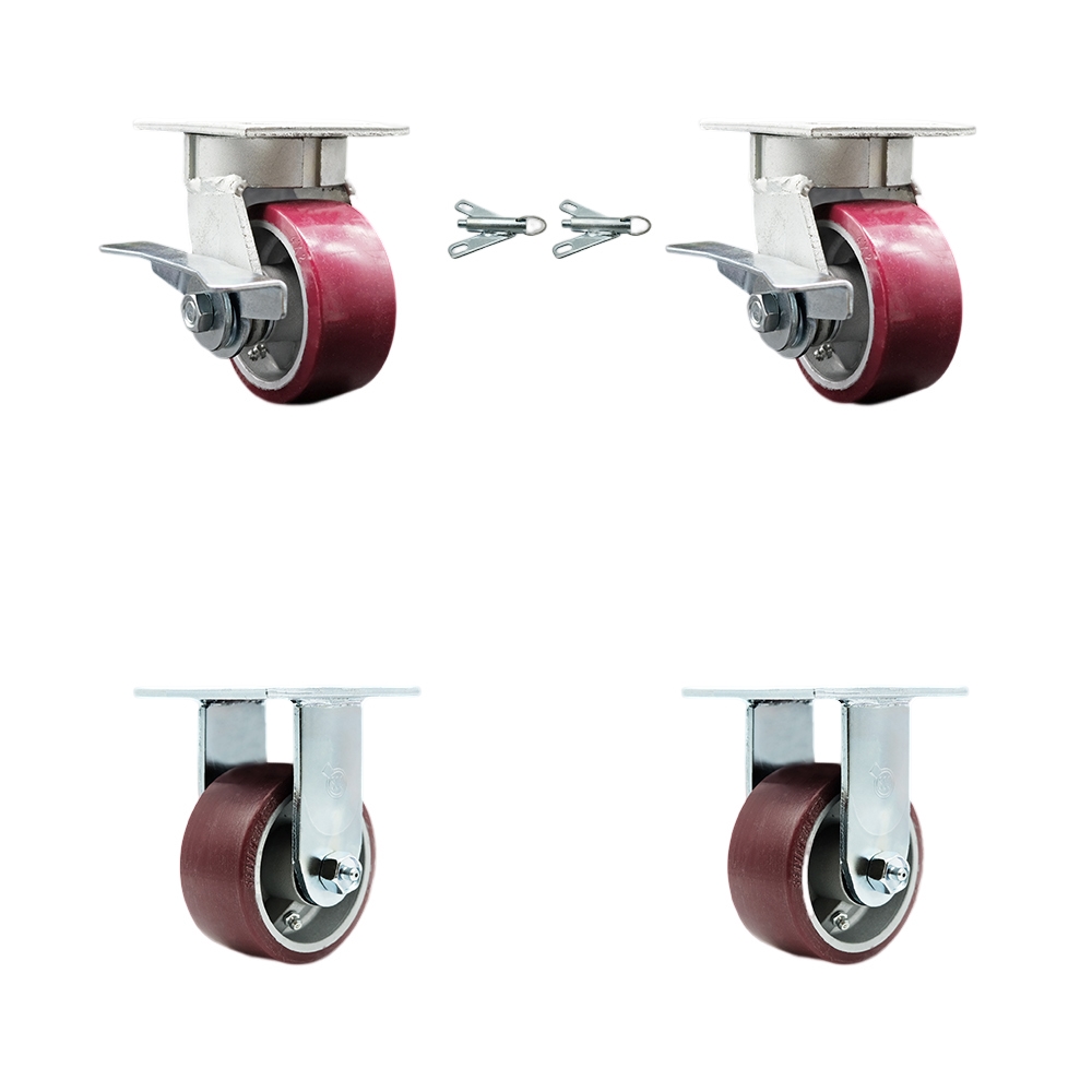 Kingpinless Polyurethane on Aluminum Swivel Top Plate Caster Set of 4 w/4" x 2" Maroon Wheels-Includes 2 Swivel with Brakes and Bolt on Swivel Locks& 2 Rigid-2800 lbs Total Cpty - Service Caster Brand — photo 1
