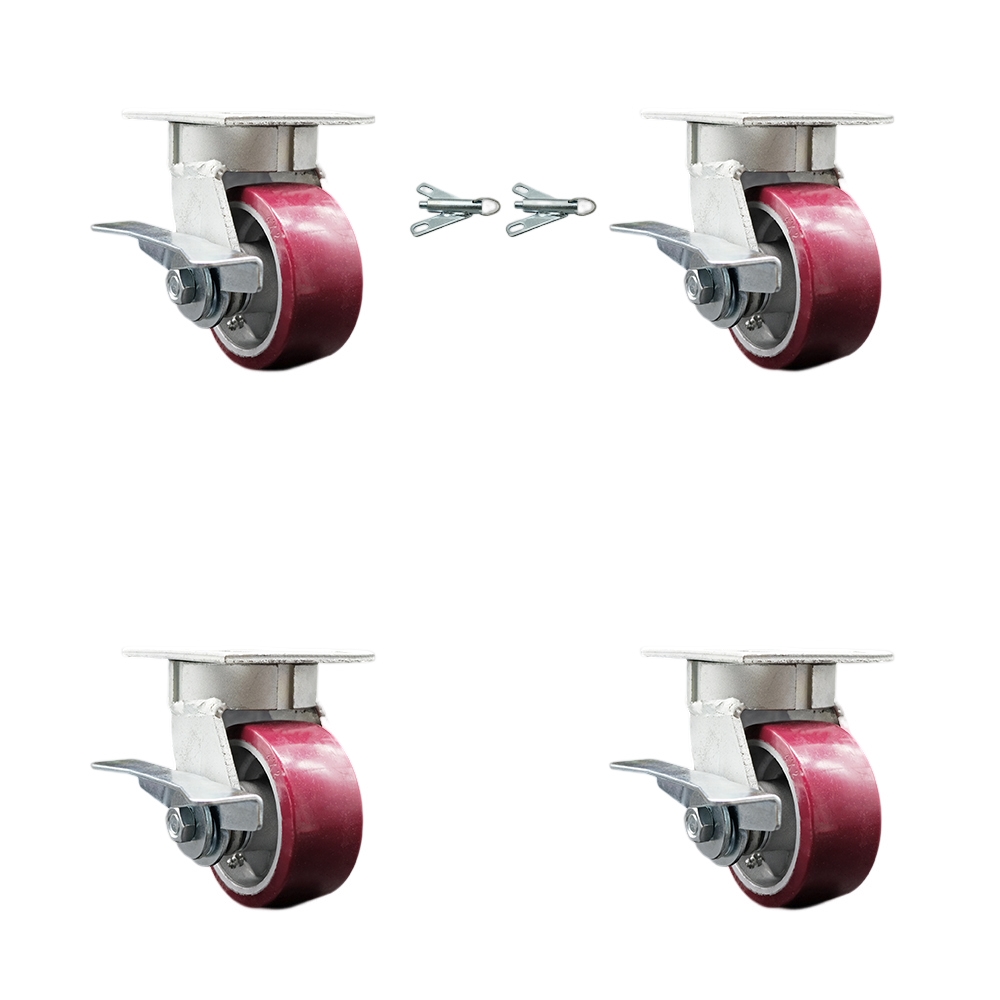 Heavy Duty Kingpinless Swivel Caster Set of 4 with 4 Inch Poly on Aluminum Wheels and Ball Bearings-Includes 2 Swivel with Brakes and Bolt on Swivel Locks and 2 Swivel with Brakes-Service Caster Brand — photo 1