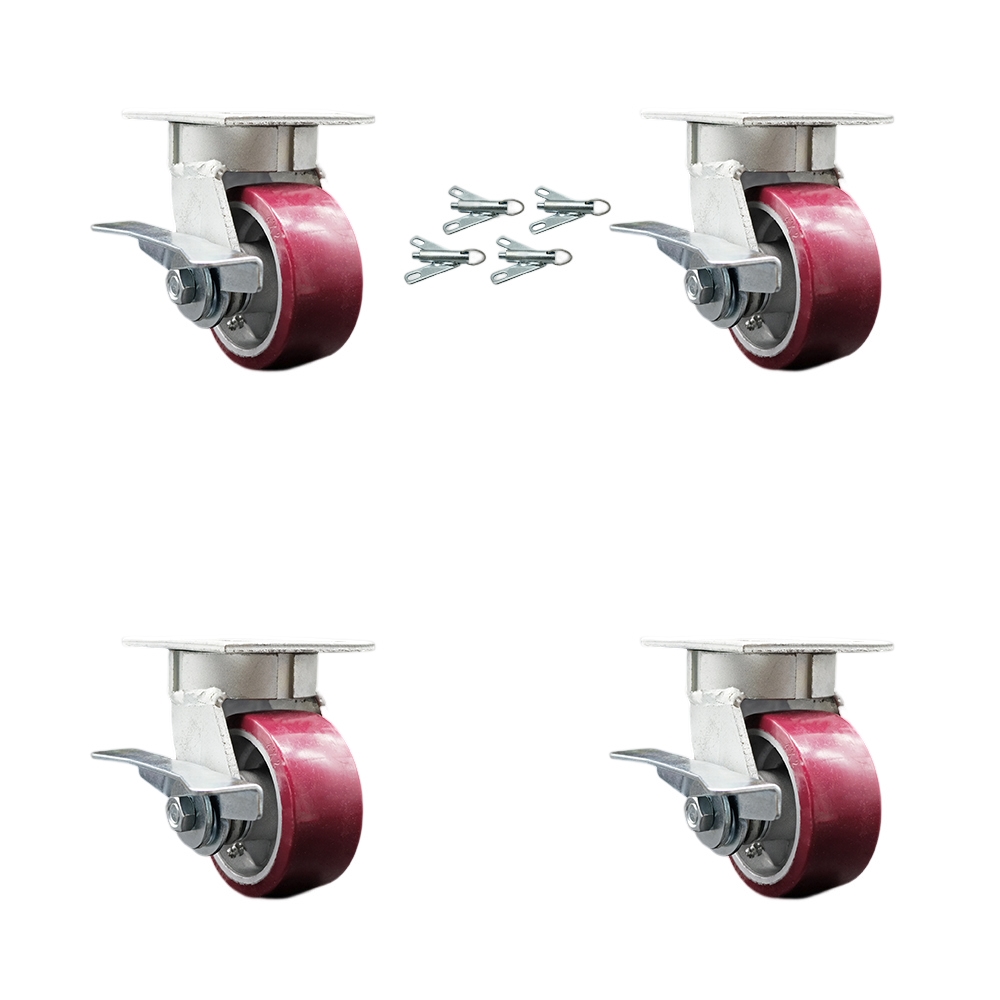 Kingpinless Polyurethane on Aluminum Swivel Top Plate Caster Set of 4 w/4" x 2" Maroon Wheels - Includes 4 Swivel w/Side Lck Brakes & Bolt on Swivel Locks-2800lbs Total Capacity - Service Caster Brand — photo 1