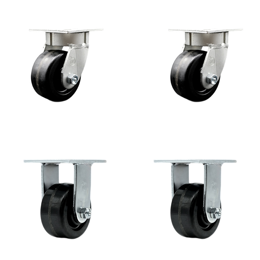 Kingpinless Phenolic Swivel Top Plate Caster Set of 4 w/4" x 2" Black Wheels - Includes 2 Swivel & 2 Rigid - 3200 lbs Total Capacity - Service Caster Brand — photo 1