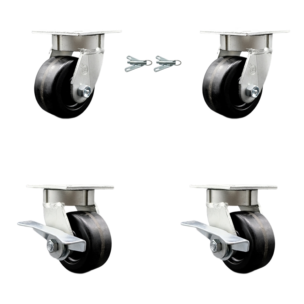 Kingpinless Phenolic Swivel Top Plate Caster Set of 4 w/4" x 2" Black Wheels - Includes 2 Swivel with Bolt on Swivel Locks&2 Swivel with Brakes-3200 lbs Total Capacity - Service Caster Brand — photo 1