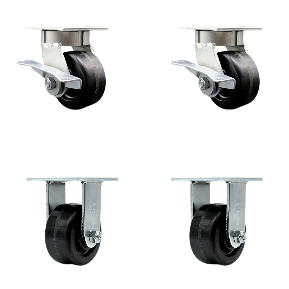 Heavy Duty Kingpinless Swivel Caster Set of 4 with 4 Inch Phenolic Wheels and Ball Bearings - Includes 2 Swivel with Brakes and 2 Rigid - 3,200 lbs. Total Capacity - Service Caster Brand — photo 1