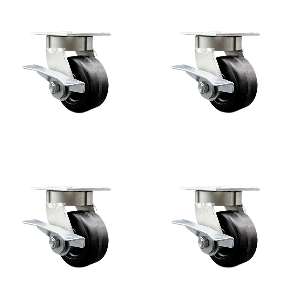Kingpinless Phenolic Swivel Top Plate Caster Set of 4 w/4" x 2" Black Wheels - Includes 4 Swivel w/Side Lck Brakes - 3200 lbs Total Capacity - Service Caster Brand — photo 1