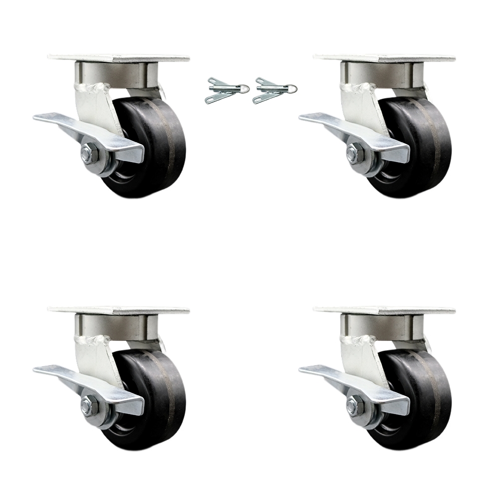 Kingpinless Phenolic Swivel Top Plate Caster Set 4 w/4" x 2" Black Wheels-Includes 2 Swivel with Brakes and Bolt on Swivel Locks&2 Swivel with Brakes-3200 lbs Total Cpty-Service Caster Brand — photo 1